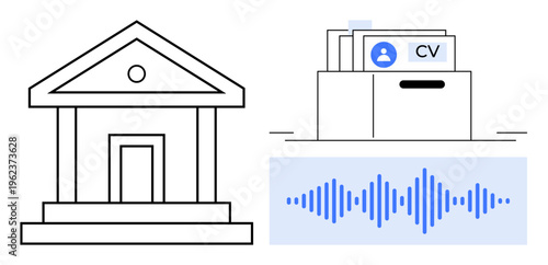 Recruitment concept. Recruitment with a bank institutions, CV folder for job applications, and audio waveform for digital or AI-based interviews. For HR, job hunting, digital hiring, AI, career