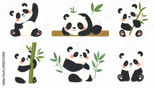 Adorable Cartoon Panda Cubs Playing with Bamboo Collection.