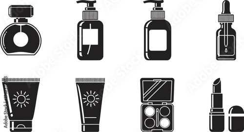 Black and white cosmetic products icons set including perfume, lotion, soap, makeup, and skincare items on clean background for beauty and fashion concepts