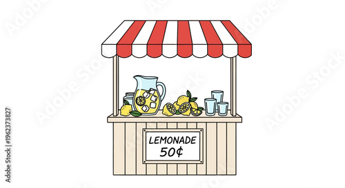 cartoon lemonade stand with red awning.