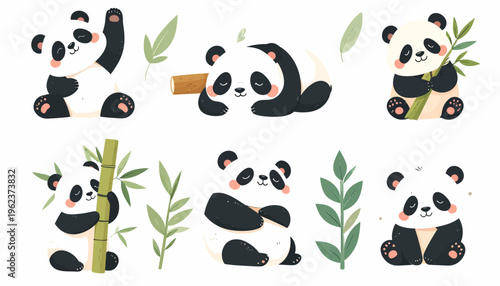 Adorable Cartoon Pandas Collection Posing Playfully with Bamboo Elements.