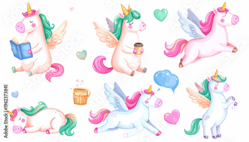 Adorable Watercolor Unicorns Collection Fantasy Creatures.