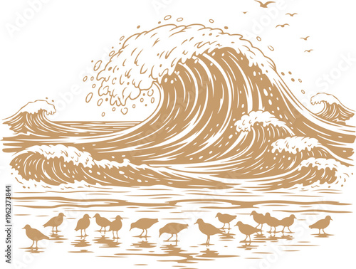 A large wave crashes on the shore with birds standing in the foreground Vector, illustration