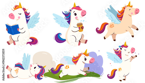 Adorable Cartoon Unicorns Collection with Wings and Horns.