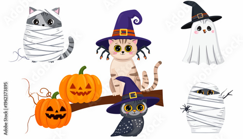Cute Halloween Animals and Pumpkins Festive Cartoon Illustration.