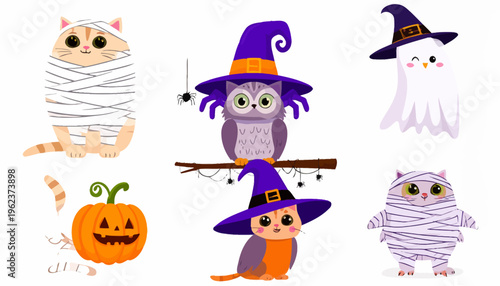 Cute Halloween Cartoon Characters Collection Adorable Spooky Animals Festive Holiday Celebration.