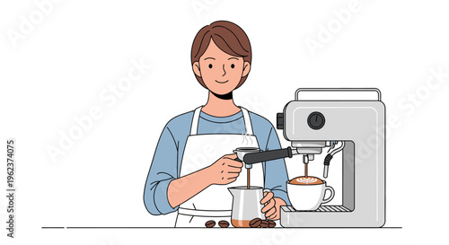 A woman in an apron making coffee.