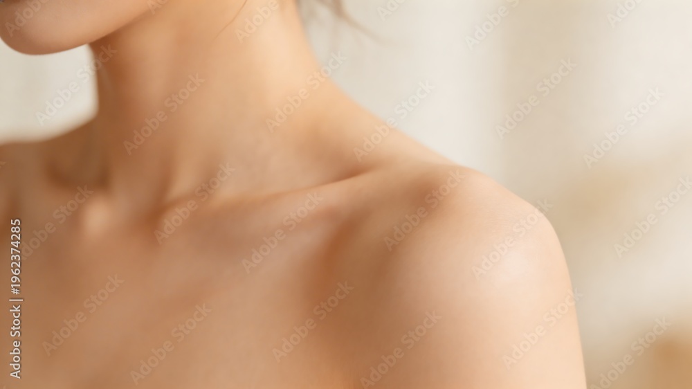 Obraz premium Close-up of a woman's bare shoulder with soft lighting