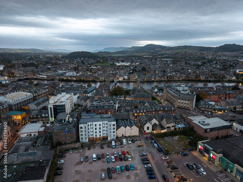 Obraz premium Beautiful aerial view of Inverness with River Ness, Historic Churches and Cityscape, Scotland – Scenic Highland Town Landscape