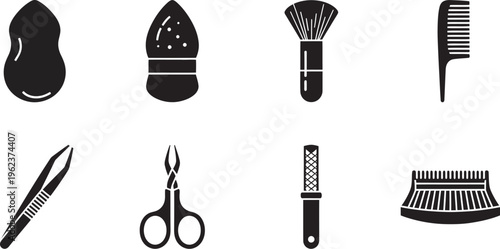 Black and white illustration of various hairdressing and beauty tools on white background for salon grooming concept