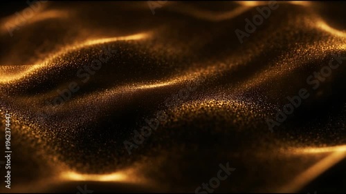 Soft golden dust particles forming smooth rolling dune-like wave surfaces across deep black space in smooth seamless cinematic motion