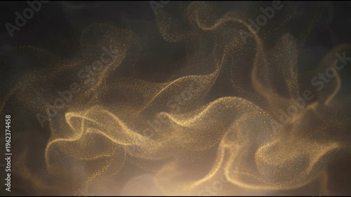 Soft golden dust clouds forming translucent flowing veils with drifting particles in deep dark space in smooth seamless cinematic motion