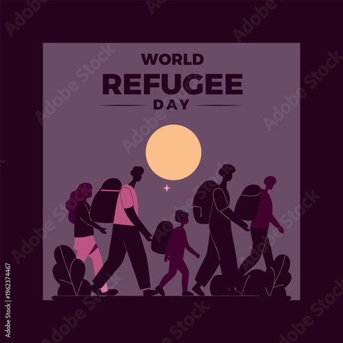 World refugee day poster with family walking