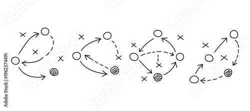 Football tactics hand drawn doodle icon set, soccer game strategy plan diagram with arrows, passes, player movement, player positions and game plan.