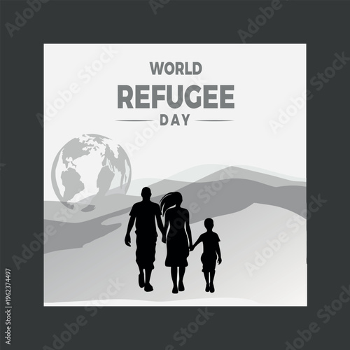 World refugee day with family silhouette walking