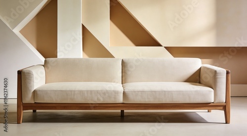 Warm Neutral Color Palette: Beige Cream dan Nuansa Kayu Lembut dengan Sofa Linen Low-Profile, Latar Belakang Abstrak Geometris, Desain Grafis Modern.