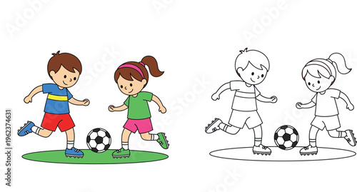 Cute boy and girl playing soccer colorful and black and white line art vector illustration for kids coloring book.
