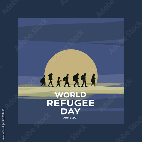 World refugee day poster with a group of people walking