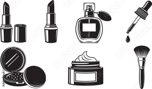 Black and white makeup cosmetics illustration set with lipstick, perfume, eyeshadow, and brushes for beauty and skincare concept
