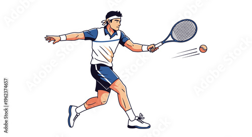 Tennis player in action swinging racket.