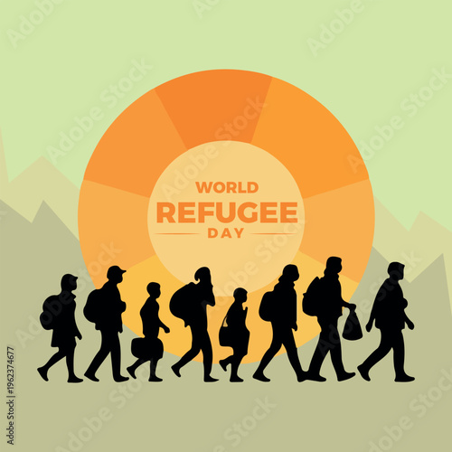 World refugee day awareness poster with silhouettes
