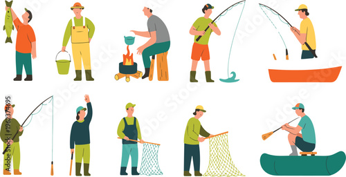 Cartoon fisherman vector set with anglers in boats holding nets and spinning rods, catching fish, hobby leisure illustration