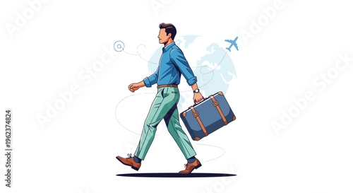 Man walking with suitcase and airplane.