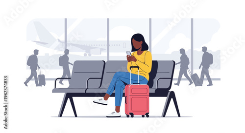 Woman sitting with luggage at airport.
