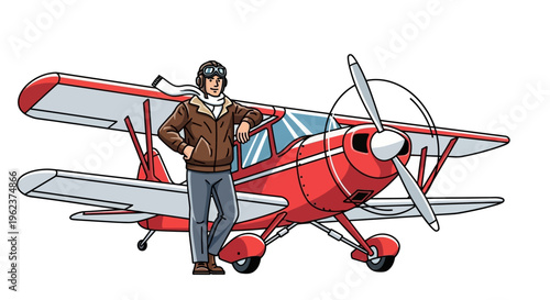 pilot standing beside a small red airplane.