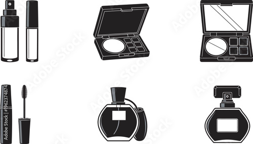 Black and white illustration of various makeup products and cosmetics including lip gloss mascara eyeshadow palette perfume and nail polish on white background