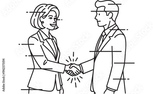 Handshake between businesswoman and businessman with formal attire and smiling faces featuring businesspeople, partnership, agreement with