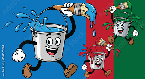 Cartoon paint bucket character mascot, cheerful metal pail holding a paintbrush, set of blue red and green painting equipment icons