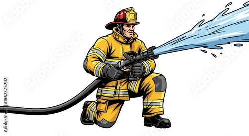 Firefighter in action spraying water.