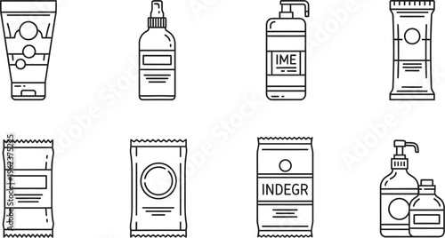 Black and white illustration of various cosmetic and skincare product packaging including lotions, creams, and soaps on a clean background