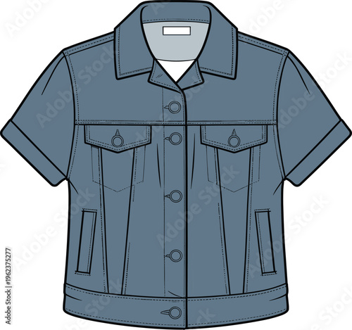 Denim blue short-sleeve jacket with button-front closure and flap pockets, flat lay illustration, casual style, realistic hand-drawn vector art.
