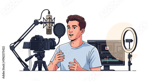 Young man recording video podcast.