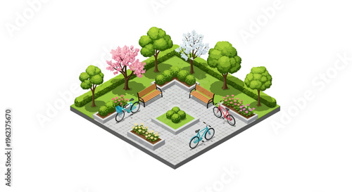Isometric illustration of a vibrant spring garden scene with blooming flowers, stone path, pots, bench, and watering can in a 3D colorful concept