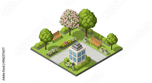 Isometric illustration of a spring garden scene with blooming flowers, stone path, pots, bench, and watering can in a colorful and vibrant yard with trees