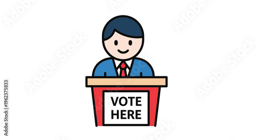 Cartoon man at voting podium desk.