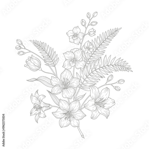 Elegant Floral Illustration: Lily and Fern Botanical Line Art