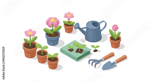 Isometric illustration of a spring garden scene with blooming flowers, stone path, pots, bench, and watering can, conveying a colorful and seasonal concept