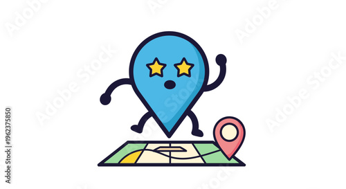 Cartoon map pin character standing on map.