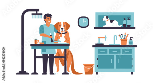 Veterinarian examining a dog in clinic.