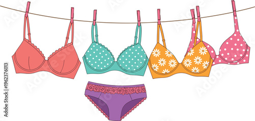 Collection of colorful women's bras and panties with floral and polka dot patterns hanging on a clothesline, fashion illustration for laundry and apparel design.