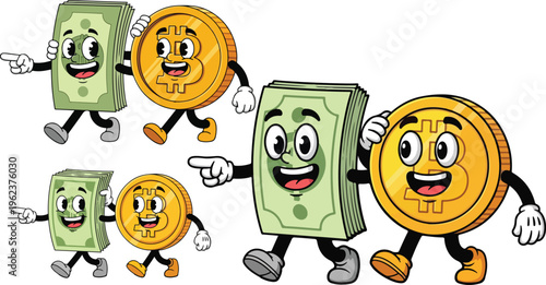 Retro cartoon money characters, vintage rubber hose style dollar bill and gold coin walking together, funny financial mascot vector set