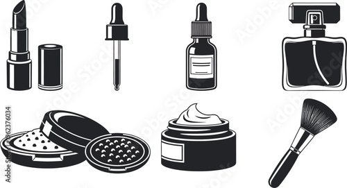 Black and white illustration of various makeup products and tools, including lipstick, eyeshadow, perfume, foundation, and makeup brush, on a clean white background, perfect for beauty and cosmetic...