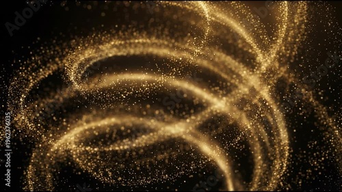 Luminous golden particle streams forming elegant sweeping spiral arcs with drifting particles in deep dark space in smooth seamless cinematic motion