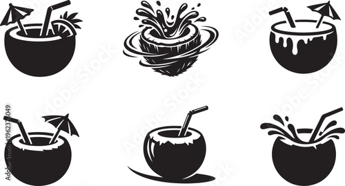 Fresh Coconut Water Icon Set Tropical Summer Drink