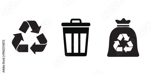 Recycling, Trash Bin and Garbage Bag Icons Set