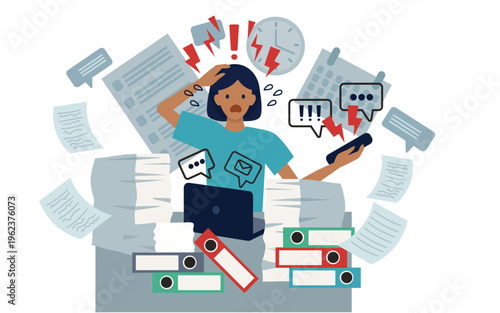 Illustration of a stressed, overworked, burned out woman sitting at a desk crowded with paperwork and files. Burn out, work stress, multitasking, failure concept. 